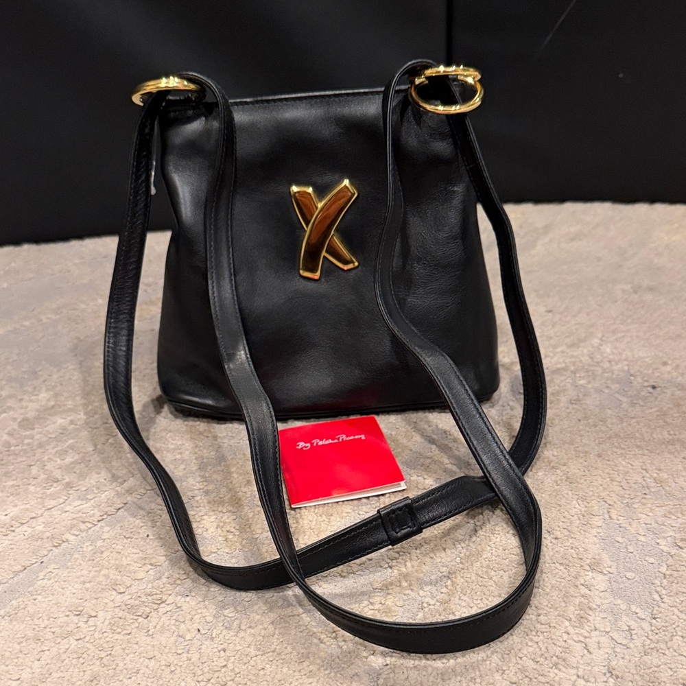 Black Leather Crossbody‎ Bag with Gold Accent